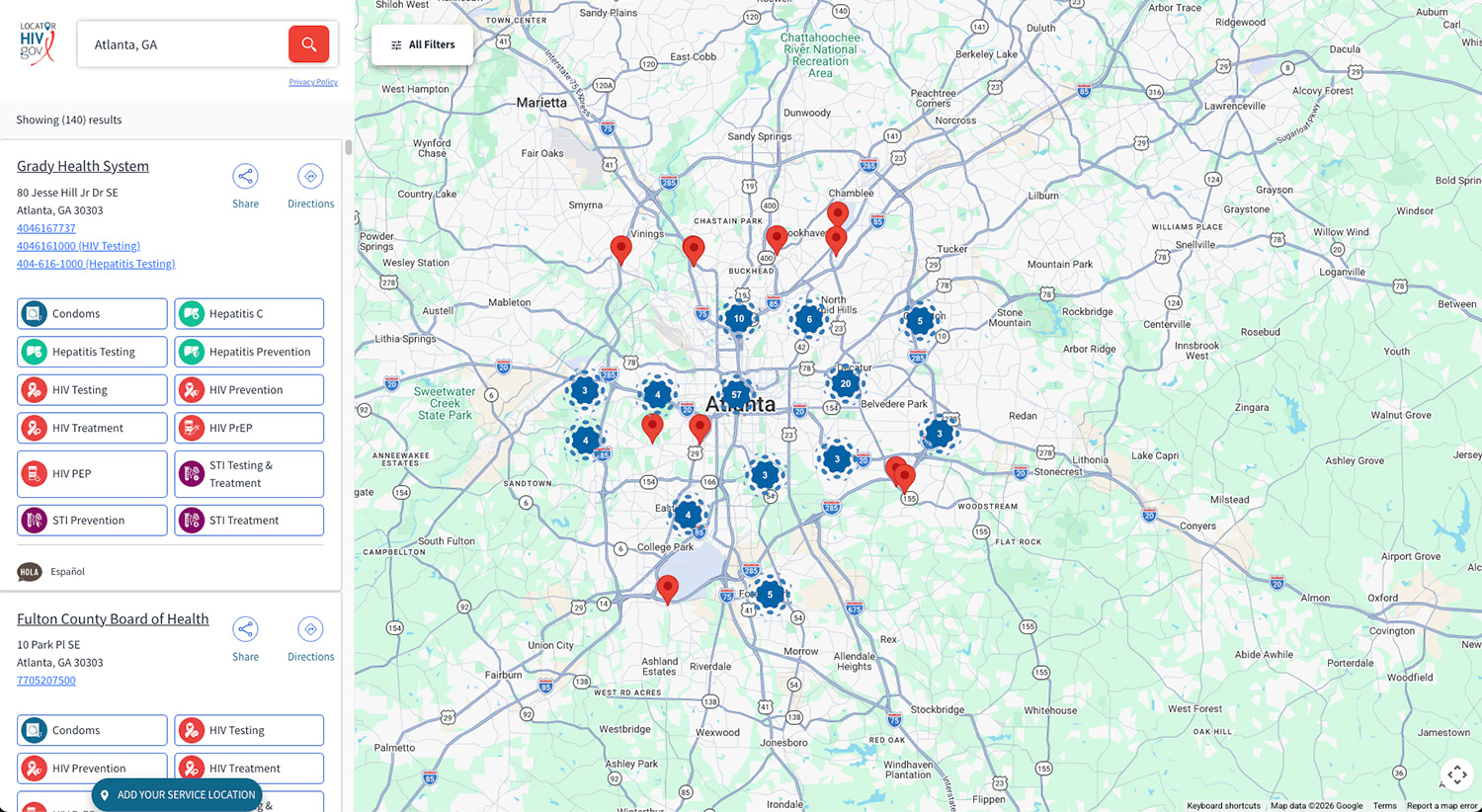 HIV Services Locator map and partial list for Atlanta, GA, showing which services are offered at each result