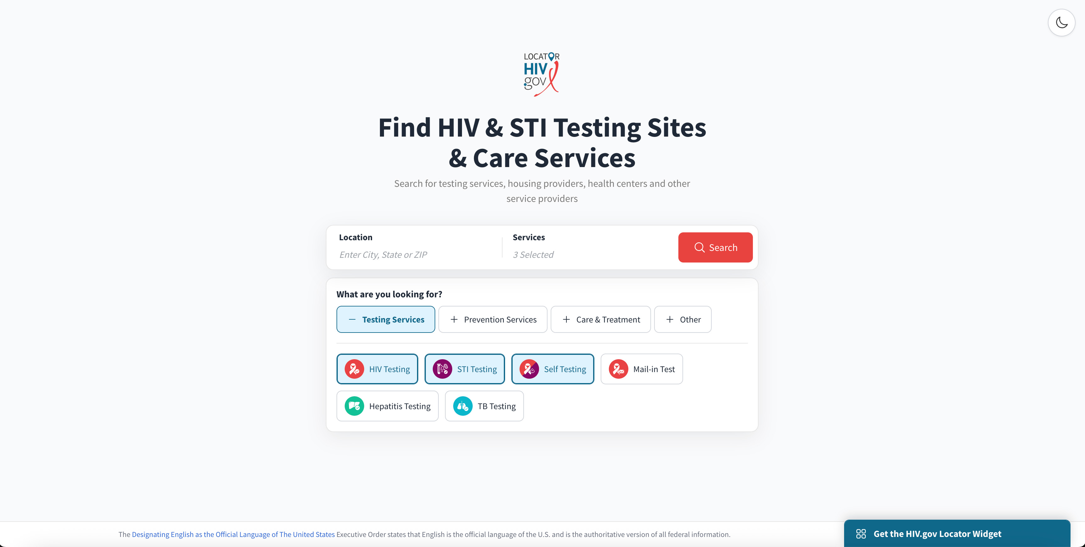 HIV Services Locator landing page with location search and optional services filter