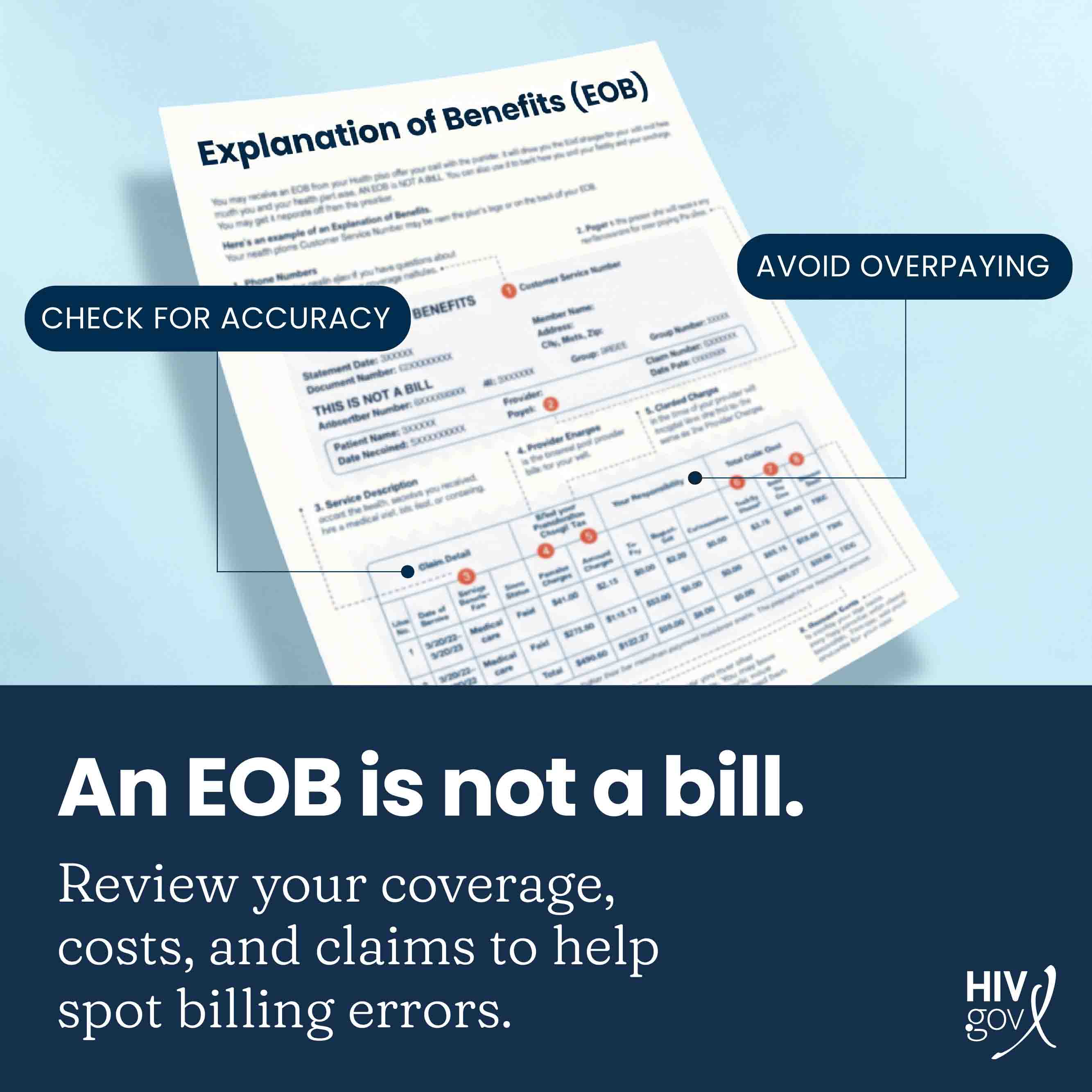 An EOB is not a bill. Review your coverage, costs and claims to help spot billing errors.