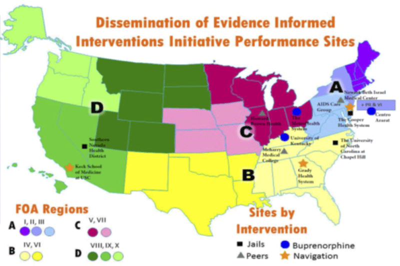 Map of the United States showing Dissemination of Evidence Informed Interventions Initiative Performance Sites. by region.