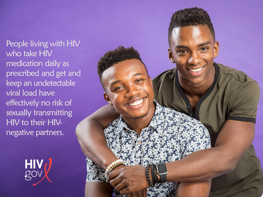 Photo of two men. People living with HIV who take HIV medication daily as prescreibed and get and keep an undetectable viral load have effectively no risk of sexually transmitting HIV to their HIV-negative partners.