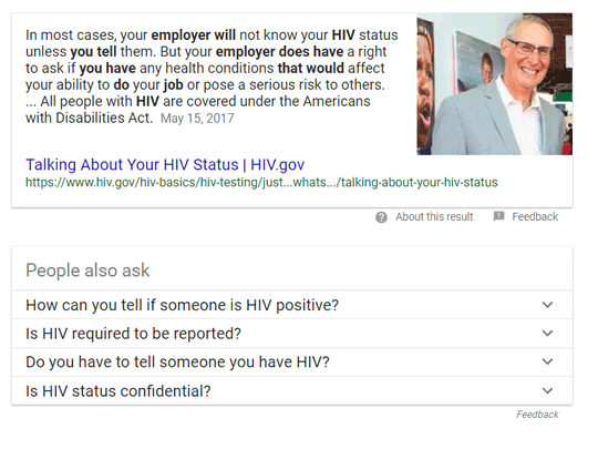 Screen shot from Google search results showing Position 0