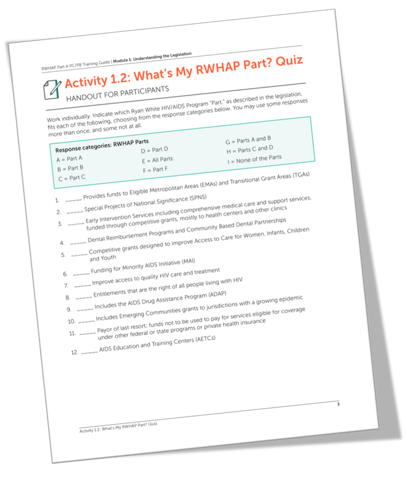 Screen grab of Activity 1.2: What's My RWHAP Part? Quiz