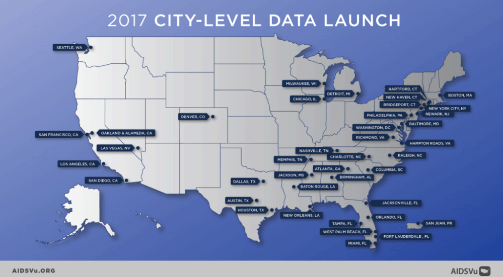 Map of the United States labeled 2017 City-level Data Launch