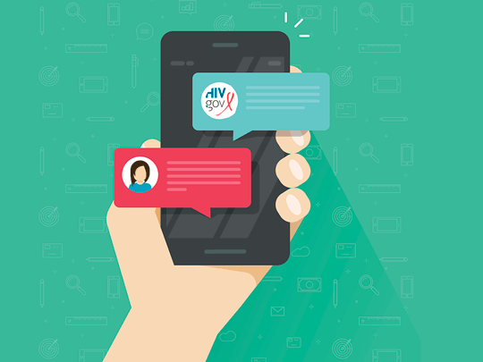 Graphic of a hand holding a phone with a chat going on.