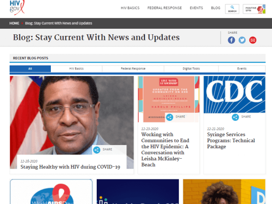 Screenshot of HIV.gov homepage showing the most read 2020 blog posts