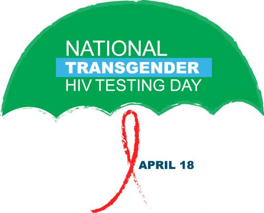 National Transgender HIV Testing Day logo of a green umbrella with a red AIDS ribbon as the handle. Has date of April 18 next to handle