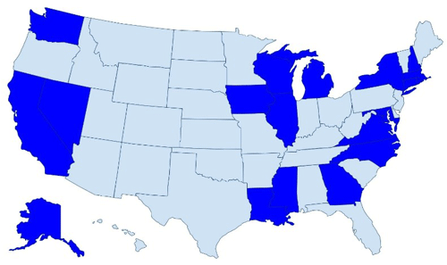 States in dark blue on the map are the states that formed the HIV Health Improvement Affinity Group--State health department and Medicaid/CHIP staff from the following 19 states participated: Alaska, California, Connecticut, Georgia, Illinois, Iowa, Louisiana, Maryland, Massachusetts, Michigan, Mississippi, Nevada, New Hampshire, New York, North Carolina, Rhode Island, Virginia, Washington, and Wisconsin.