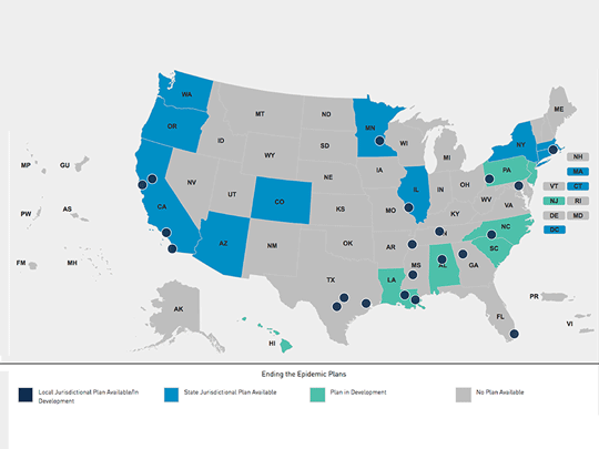 Map of the United States showing areas where there are plans to end the epidemic