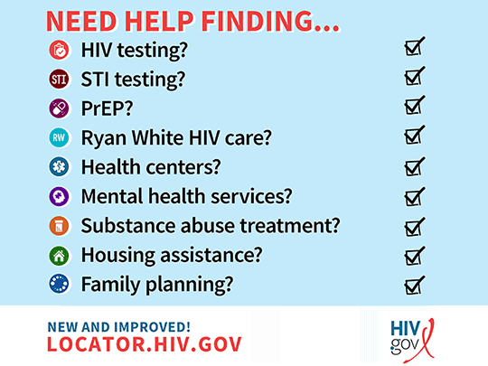 Screen grab of the options users can choose including: HIV or STI testing, PrEP, Ryan White HIV care, health centers, mental health services, substance abuse treatment, housing assistance and family planning. 