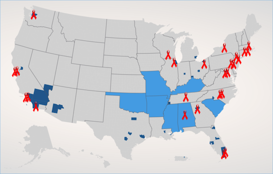 Map of the United States with States and counties marked where NIH has made awards. The jurisdictions are marked with red AIDS ribbons.