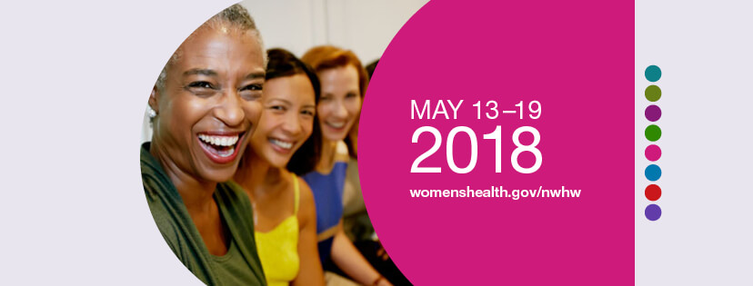 Graphic featuring women smiling and text for National Womenâs Health Week, May 13-19