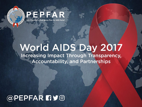 world map with red ribbon on front and pepfar logo