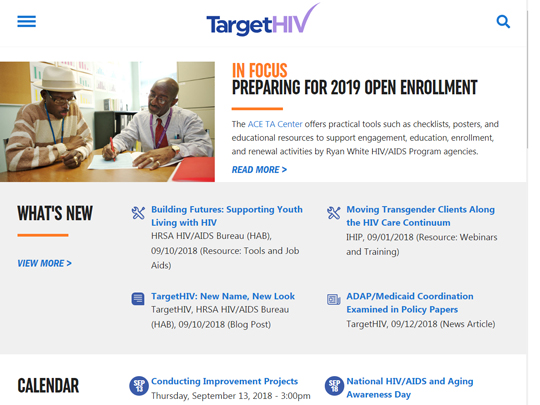 Screen grab from the new TargetHIV home page. The lead headline is "In Focus: Preparing for 2019 Open Enrollment".