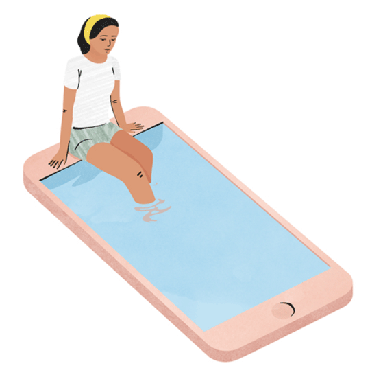 A drawing of a girl dipping her legs in a pool shaped like a smart phone.